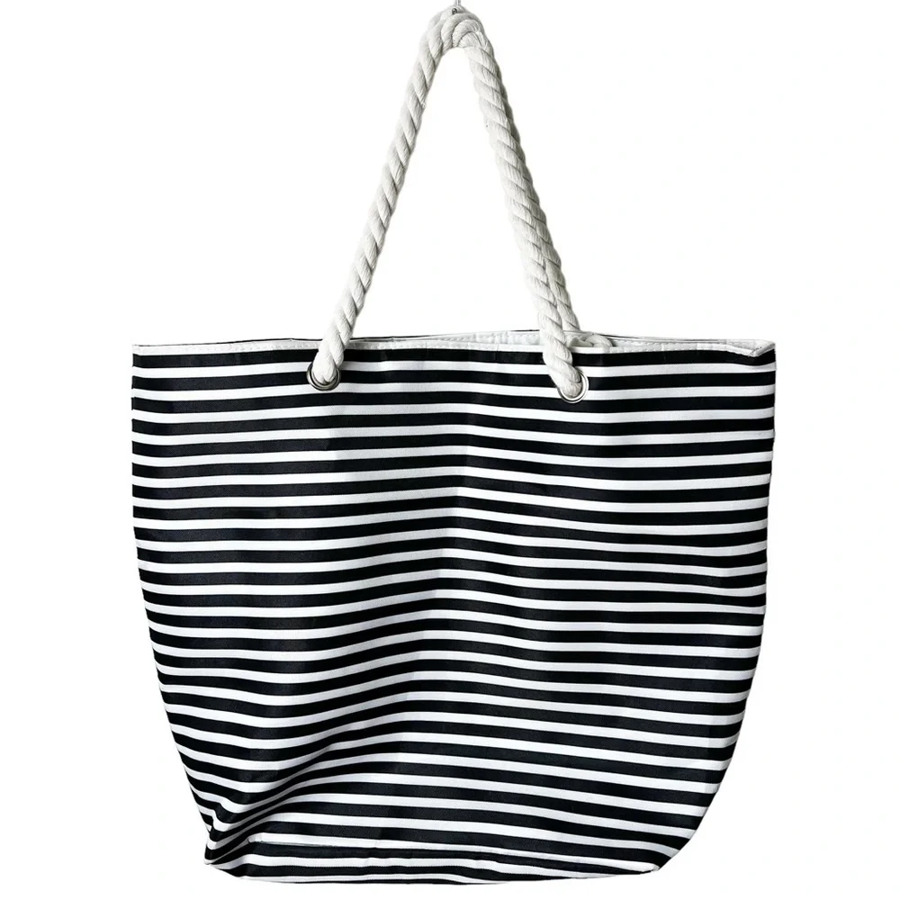 Black & White‎ Striped Beach Tote Plastic Lining Cord Handles Magnetic Snap
